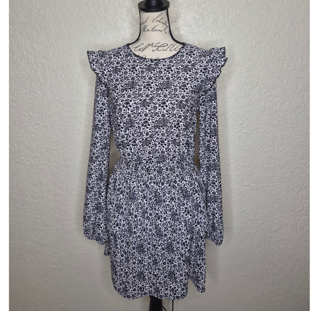 Miss Selfridge Paisley Floral Ruffle Smocked Waist Mini Dress Black White US 6